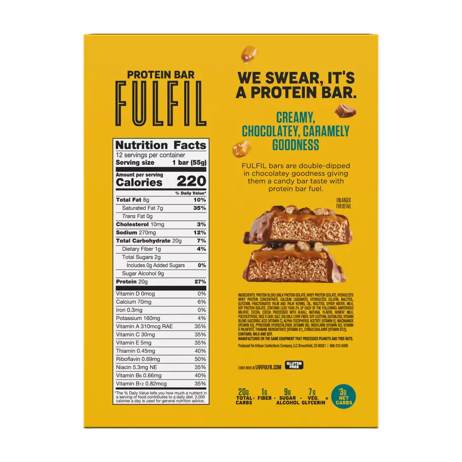 FULFIL Chocolate Salted Caramel Flavor Protein Bar, 1.94 oz - Back of Package