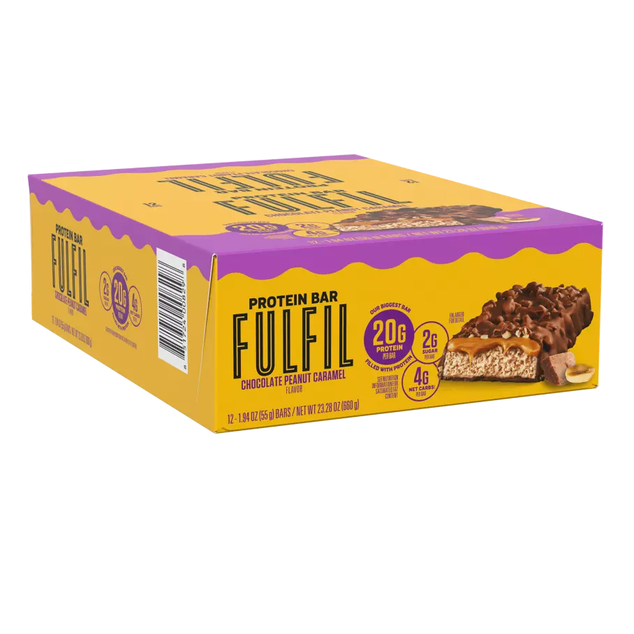 FULFIL Chocolate Peanut Caramel Flavor Protein Bars, 1.94 oz, 12 count box - Left Side of Package