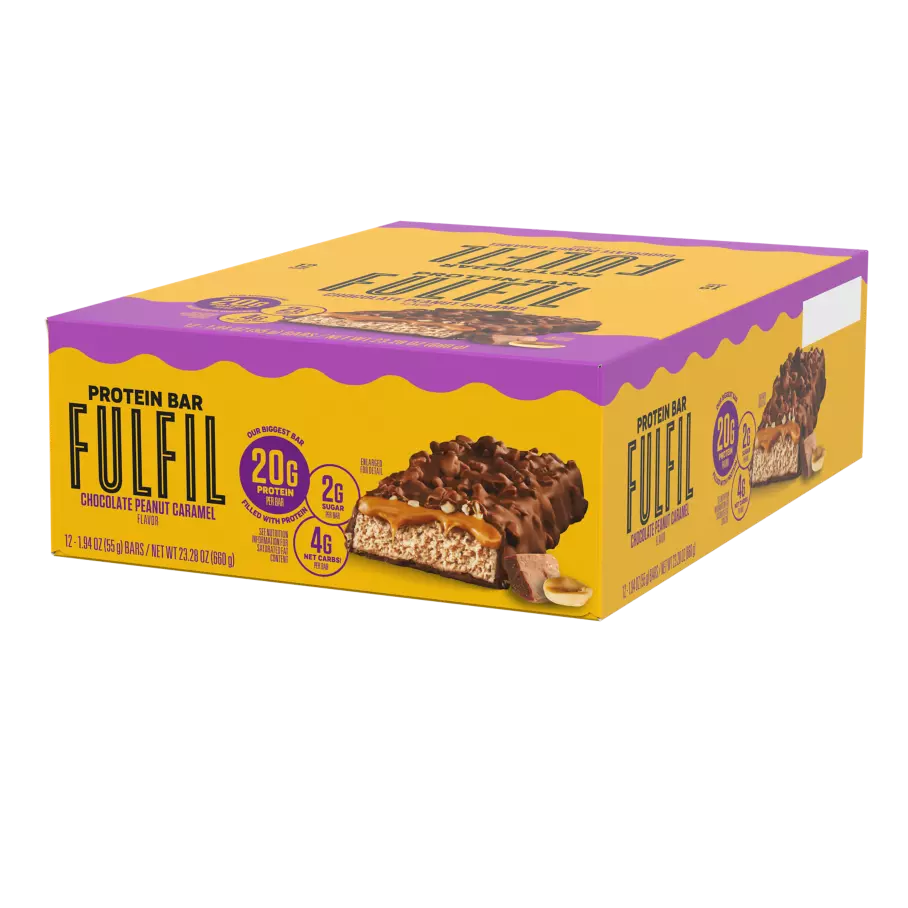 FULFIL Chocolate Peanut Caramel Flavor Protein Bars, 1.94 oz, 12 count box - Right Side of Package
