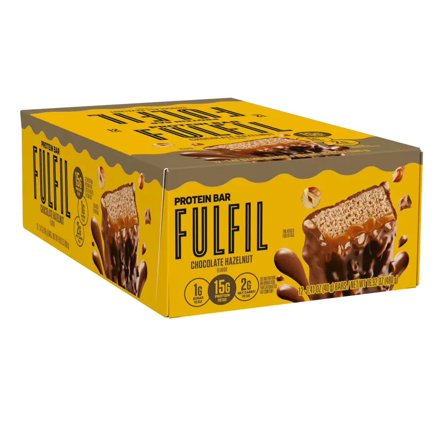 FULFIL Chocolate Hazelnut Flavor Protein Bars, 1.41 oz, 12 count box - Left of Package