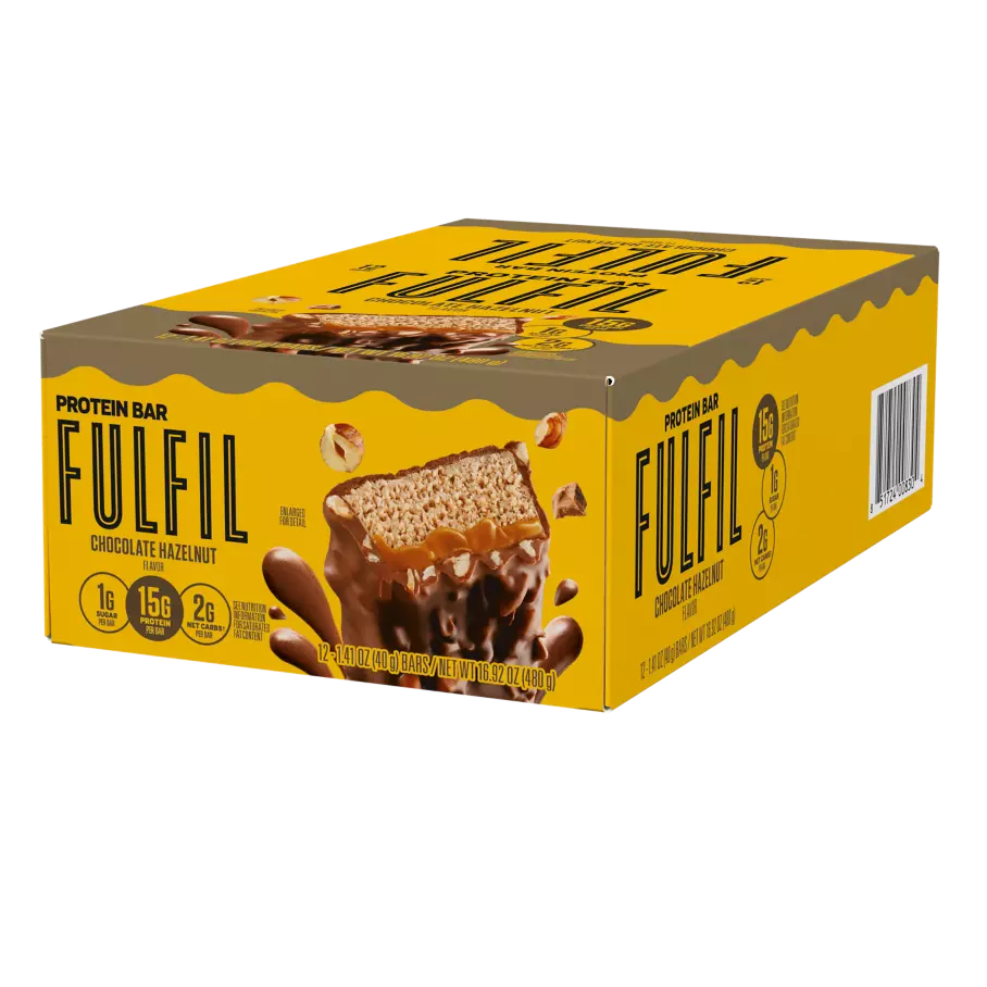 FULFIL Chocolate Hazelnut Flavor Protein Bars, 1.41 oz, 12 count box - Right Side of Package