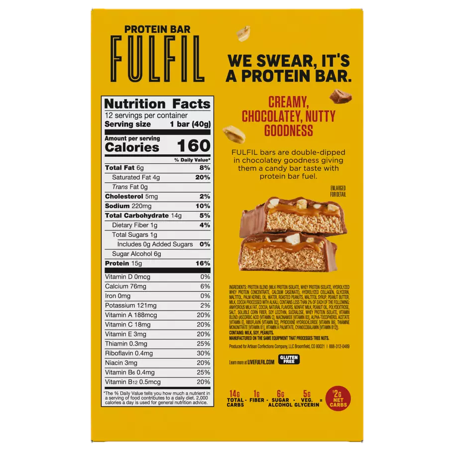 FULFIL Chocolate Peanut Butter Flavor Protein Bars, 1.41 oz, 12 count box - Bottom of Package