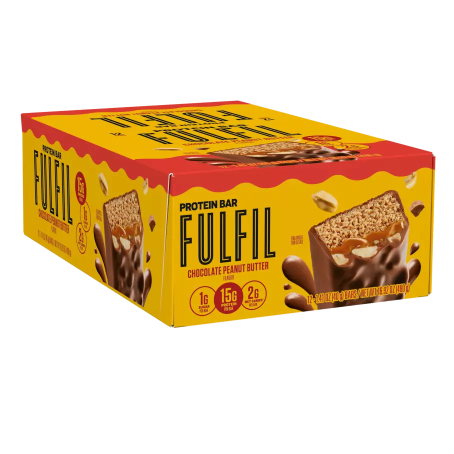 FULFIL Chocolate Peanut Butter Flavor Protein Bars, 1.41 oz, 12 count box - Left of Package