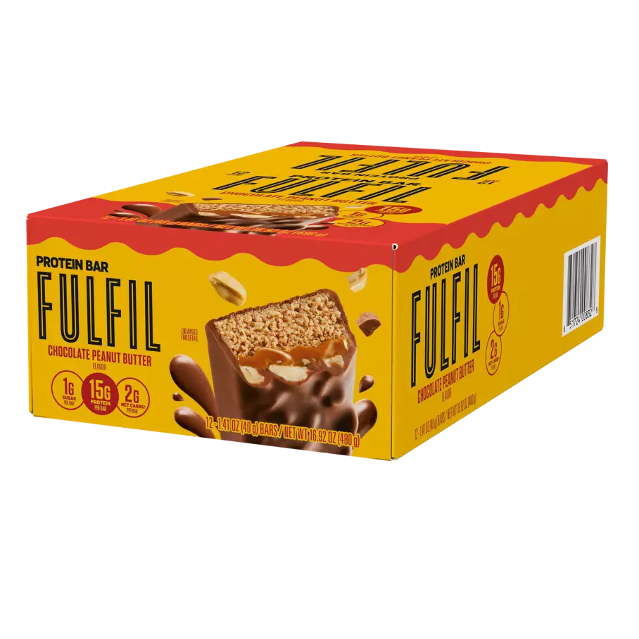 FULFIL Chocolate Peanut Butter Flavor Protein Bars, 1.41 oz, 12 count box - Right Side of Package