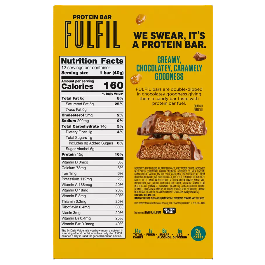 FULFIL Chocolate Salted Caramel Flavor Protein Bars, 1.41 oz, 12 count box - Back of Package