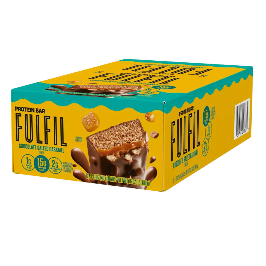 FULFIL Chocolate Salted Caramel Flavor Protein Bars, 1.41 oz, 12 count box - Right Side of Package