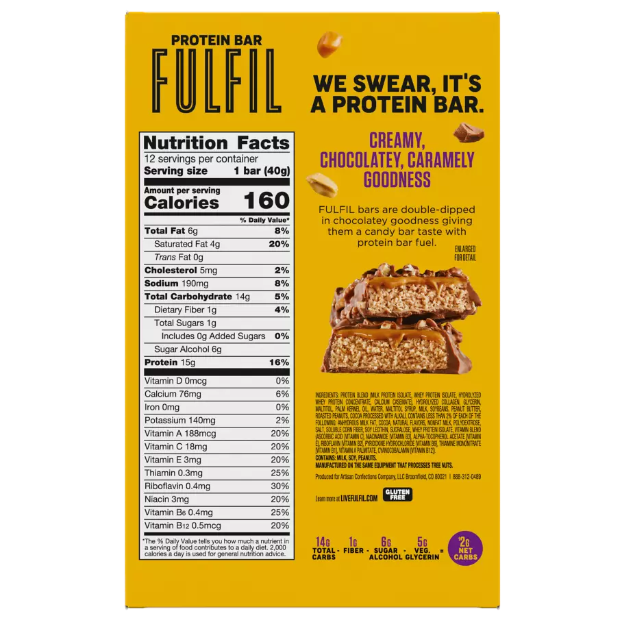 FULFIL Chocolate Peanut Caramel Flavor Protein Bars, 1.41 oz, 12 count box - Back of Package