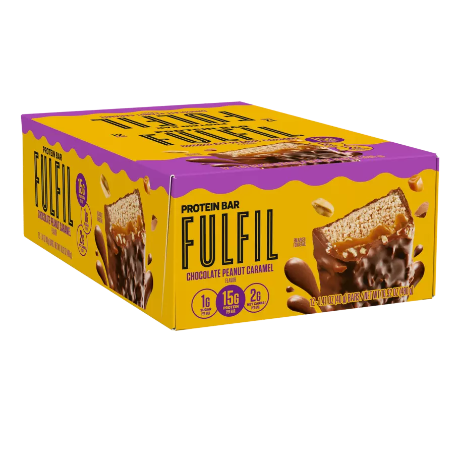 FULFIL Chocolate Peanut Caramel Flavor Protein Bars, 1.41 oz, 12 count box - Left of Package