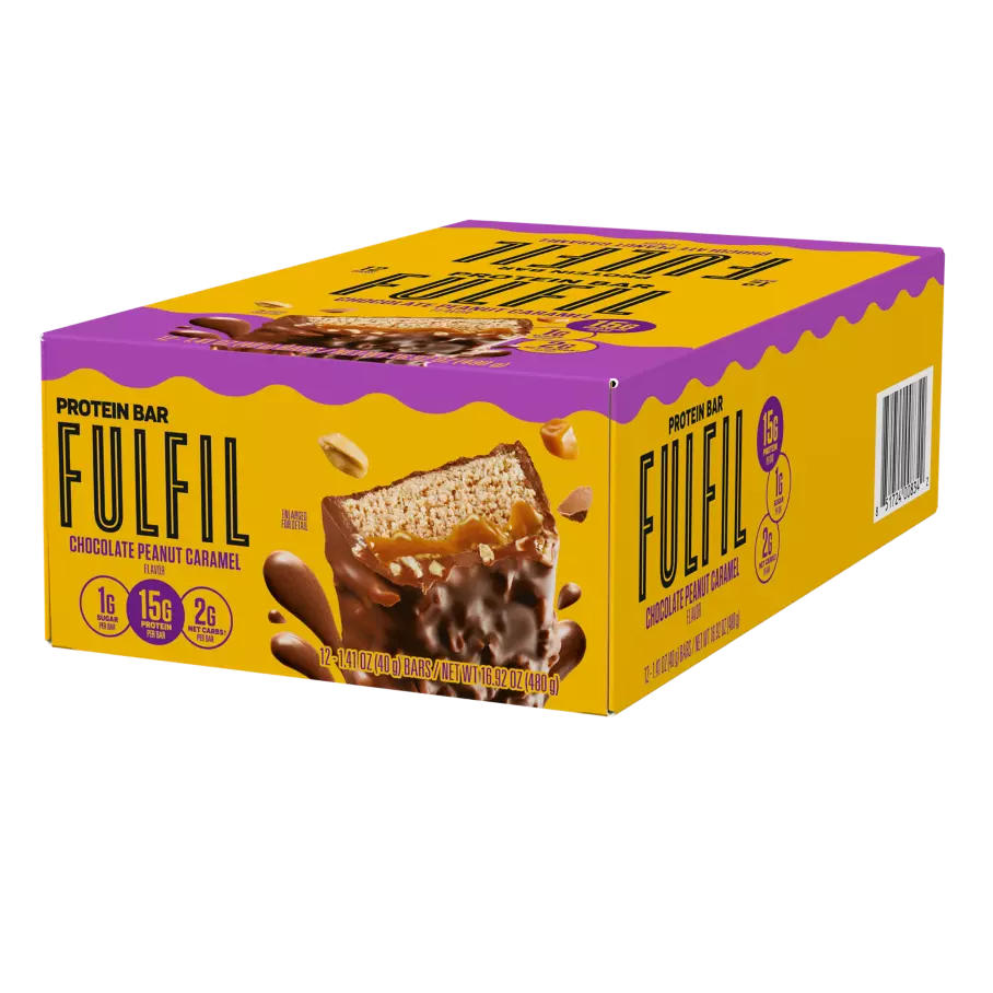 FULFIL Chocolate Peanut Caramel Flavor Protein Bars, 1.41 oz, 12 count box - Right Side of Package