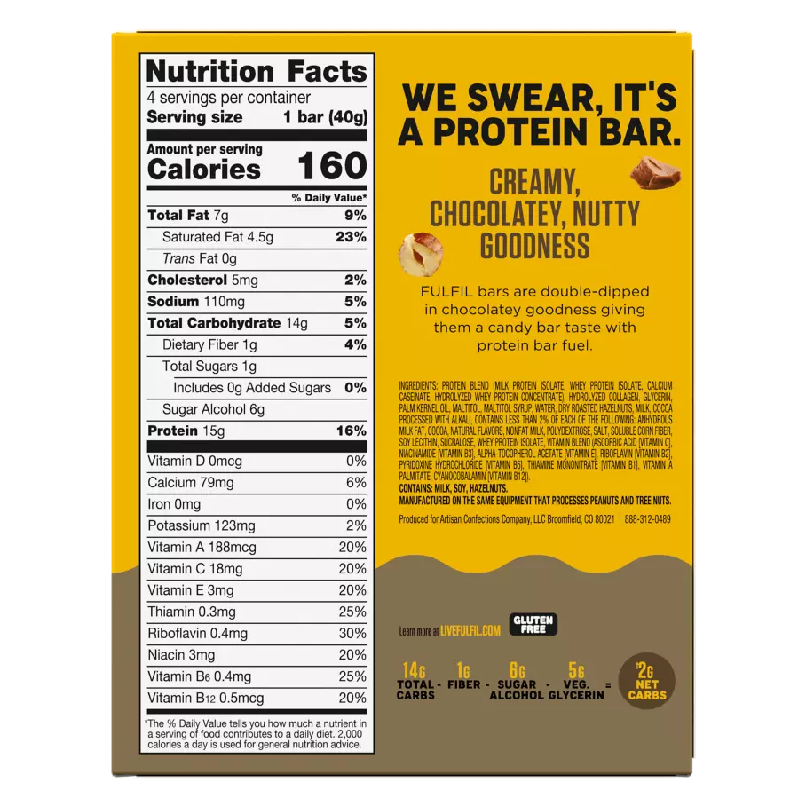 FULFIL Chocolate Hazelnut Flavor Protein Bars, 1.41 oz, 4 count box - Back of Package