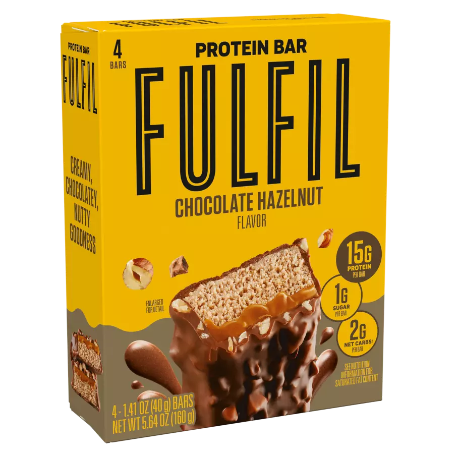 FULFIL Chocolate Hazelnut Flavor Protein Bars, 1.41 oz, 4 count box - Left Side of Package