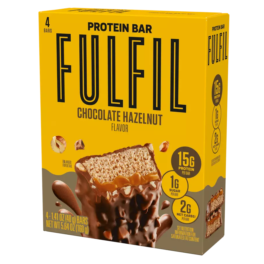 FULFIL Chocolate Hazelnut Flavor Protein Bars, 1.41 oz, 4 count box - Right Side of Package
