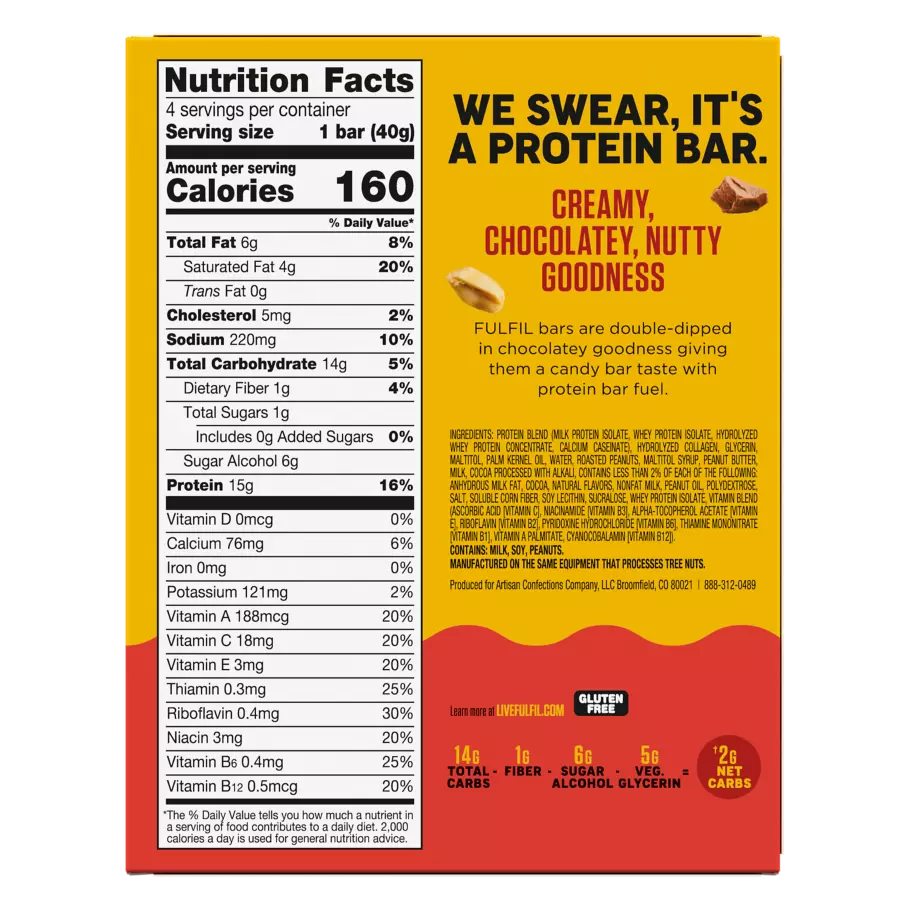 FULFIL Chocolate Peanut Butter Flavor Vitamin & Protein Bars, 1.41 oz, 4 count box - Back of Package