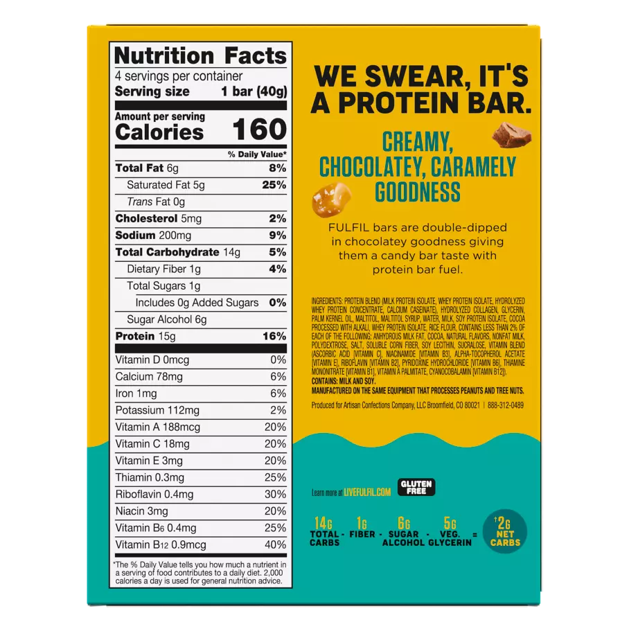 FULFIL Chocolate Salted Caramel Flavor Vitamin & Protein Bars, 1.41 oz, 4 count box - Back of Package