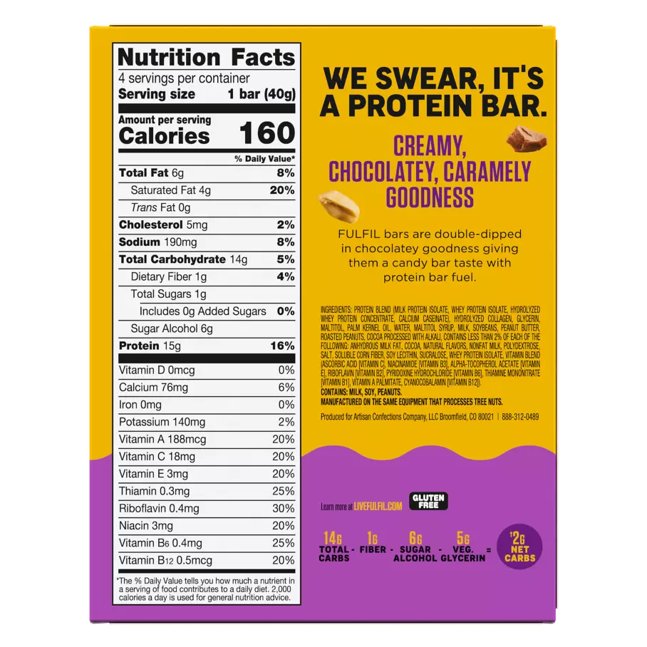 FULFIL Chocolate Peanut Caramel Flavor Vitamin & Protein Bars, 1.41 oz, 4 count box - Back of Package