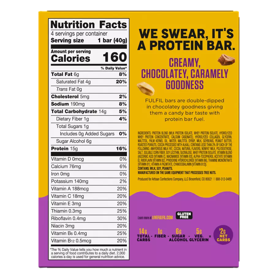 FULFIL Chocolate Peanut Caramel Flavor Protein Bars, 1.41 oz, 4 count box - Back of Package