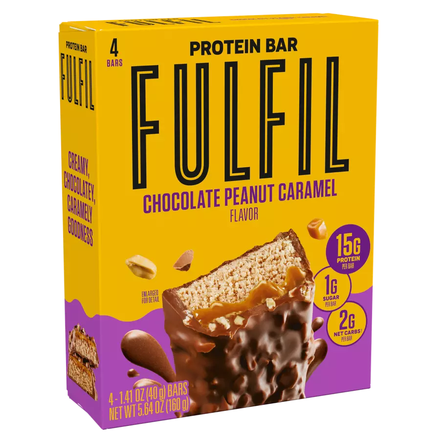 FULFIL Chocolate Peanut Caramel Flavor Vitamin & Protein Bars, 1.41 oz, 4 count box - Left Side of Package