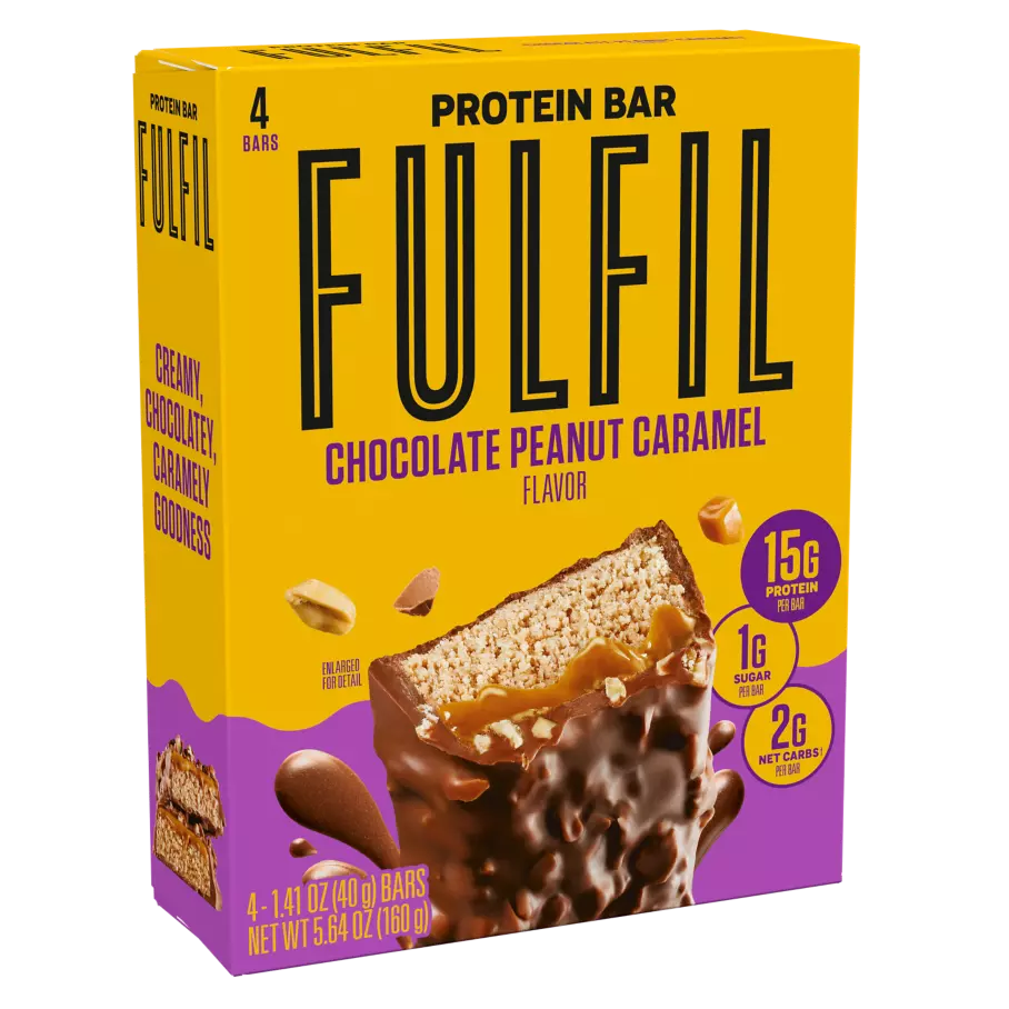 FULFIL Chocolate Peanut Caramel Flavor Protein Bars, 1.41 oz, 4 count box - Left of Package