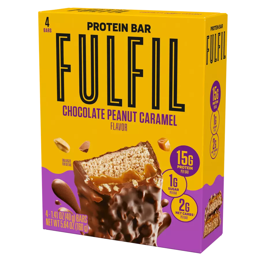 FULFIL Chocolate Peanut Caramel Flavor Protein Bars, 1.41 oz, 4 count box - Right Side of Package