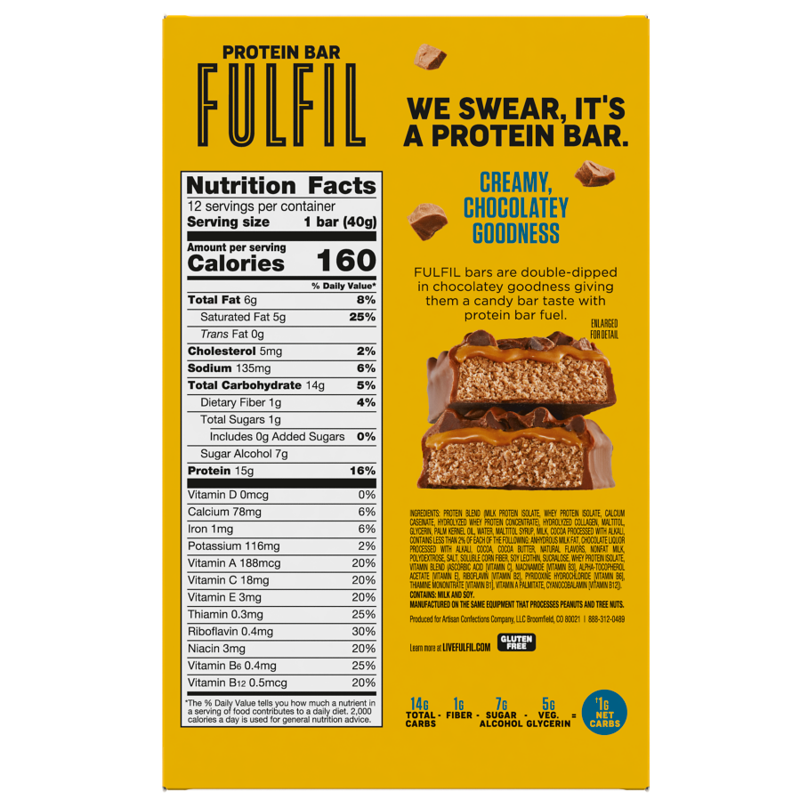 FULFIL Triple Chocolate Flavor Protein Bars, 1.41 oz, 12 count box - Back of Package