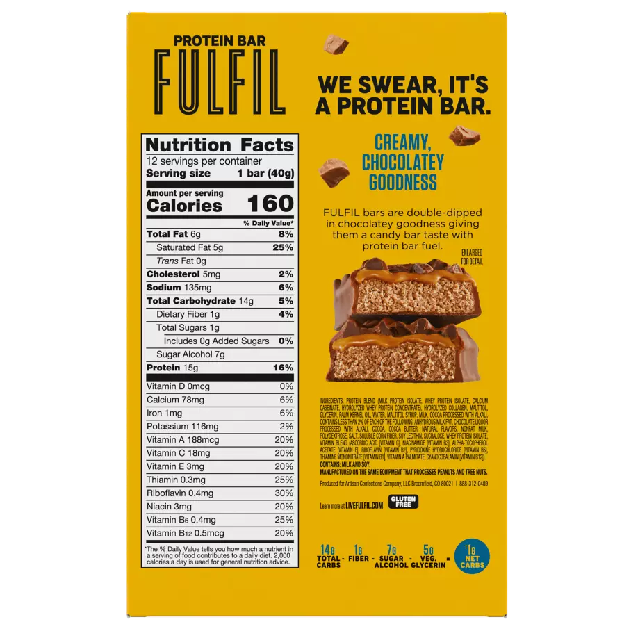 FULFIL Triple Chocolate Flavor Vitamin & Protein Bars, 1.41 oz, 12 count box - Back of Package