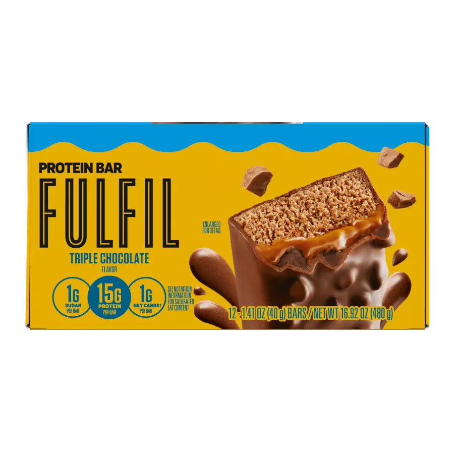 FULFIL Triple Chocolate Flavor Vitamin & Protein Bars, 1.41 oz, 12 count box - Front of Package