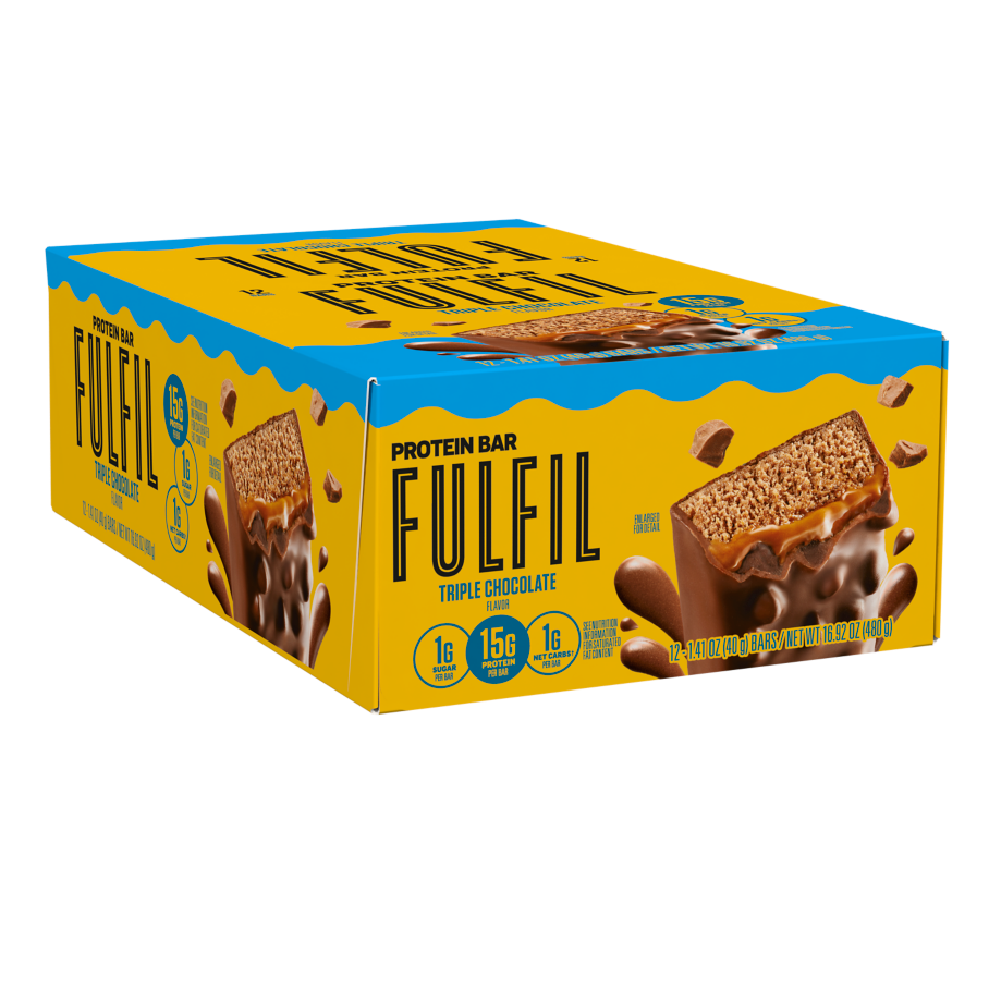 FULFIL Triple Chocolate Flavor Protein Bars, 1.41 oz, 12 count box - Left of Package