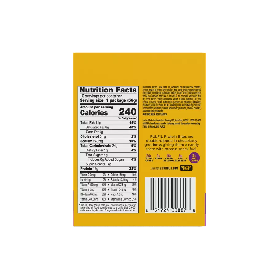 FULFIL Chocolate Peanut Caramel Flavor Protein Bites, 1.98 oz bag, 10 count box - Nutritional