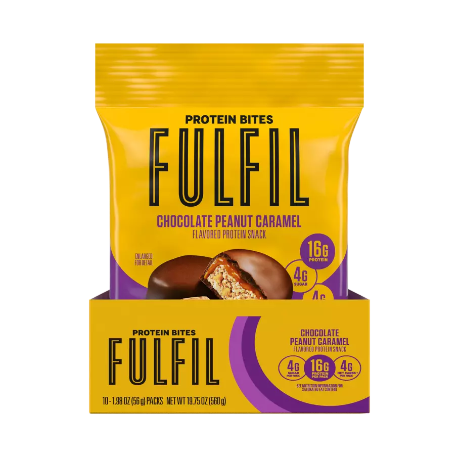 FULFIL Chocolate Peanut Caramel Flavor Protein Bites, 1.98 oz bag, 10 count box - Front of Package