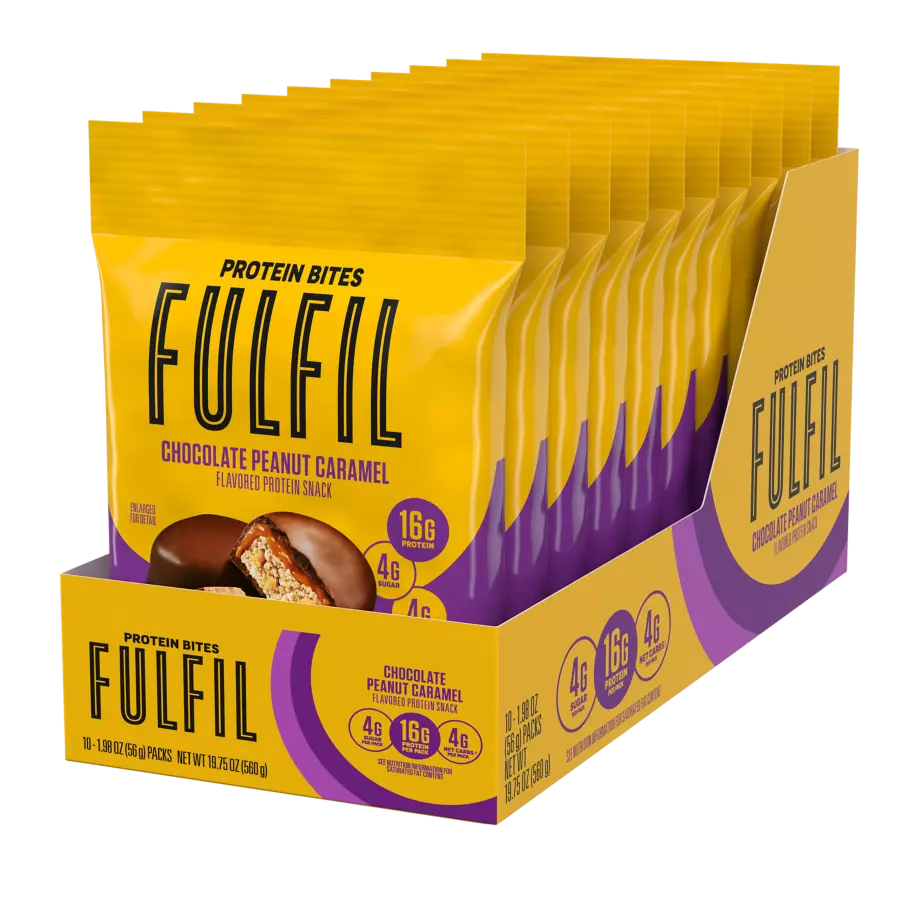 FULFIL Chocolate Peanut Caramel Flavor Protein Bites, 1.98 oz bag, 10 count box - Right Side of Package
