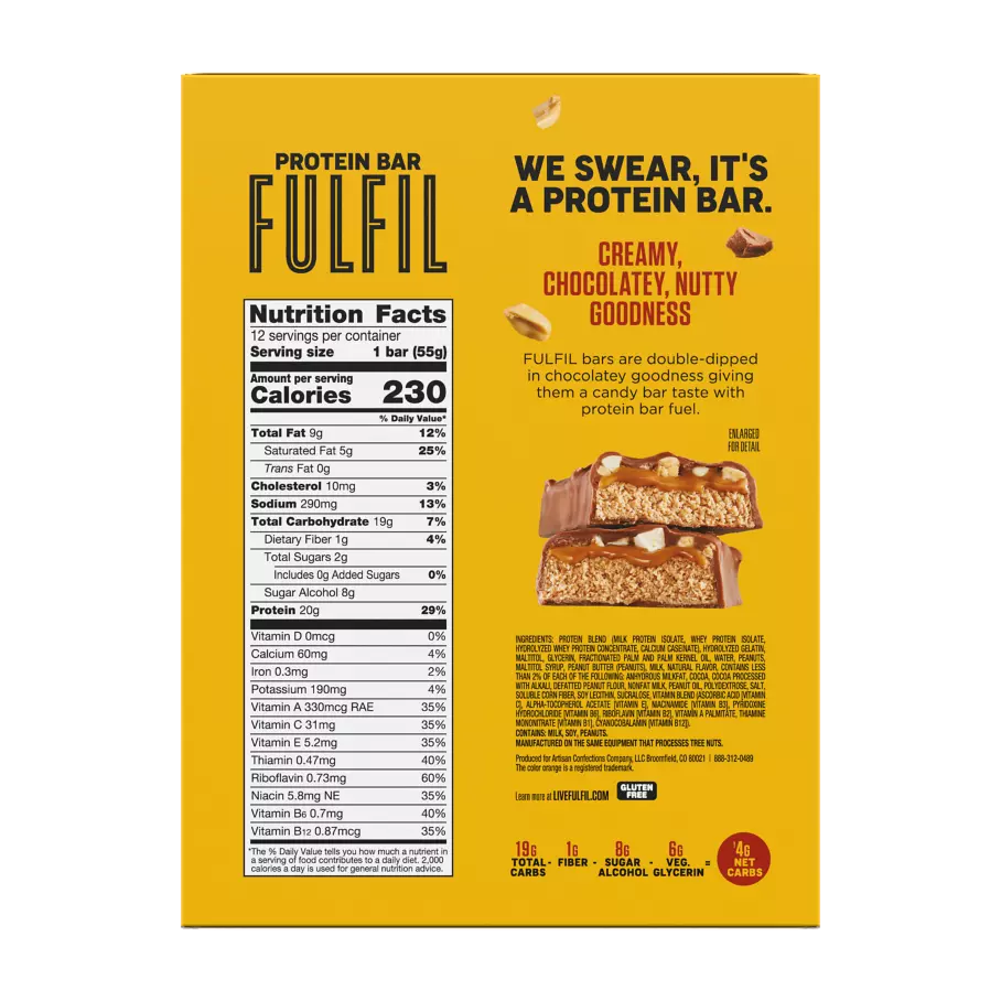 FULFIL Chocolate Peanut Butter with REESE'S Flavor Protein Bars, 1.94 oz, 12 count box - Back of Package