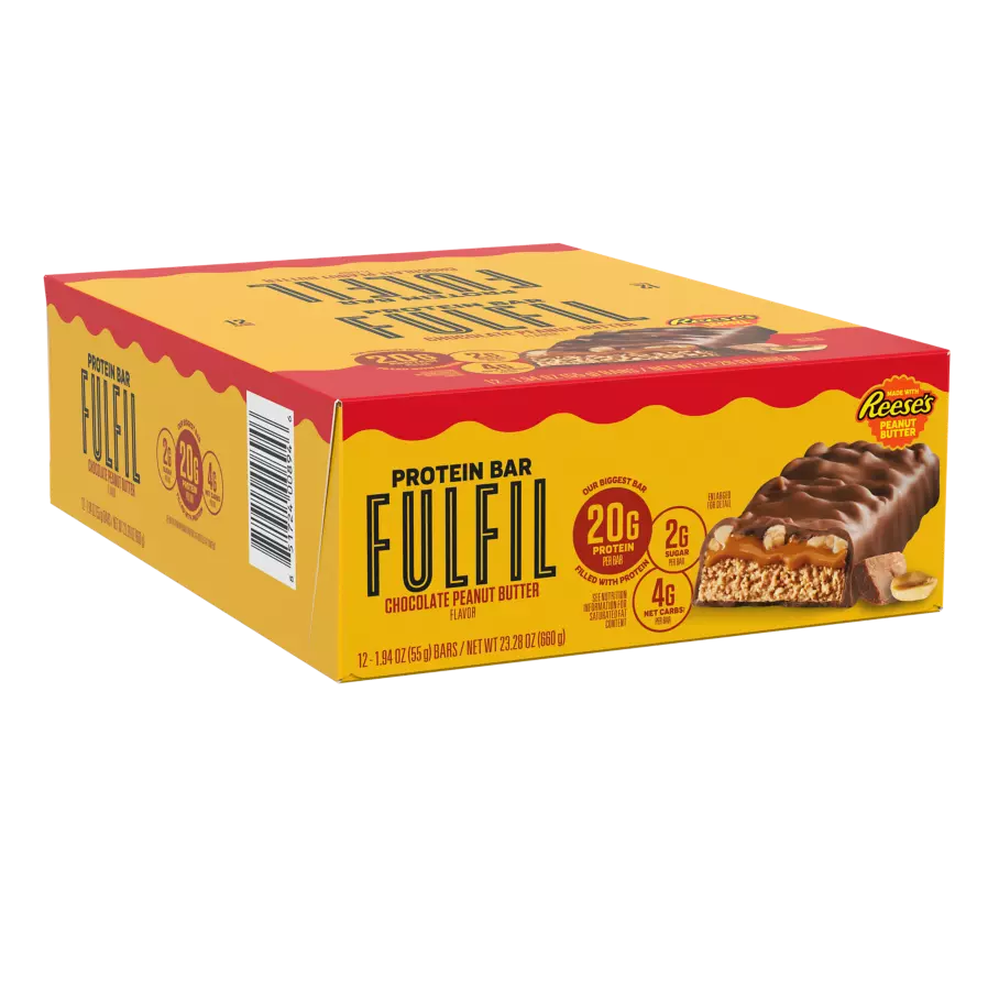 FULFIL Chocolate Peanut Butter with REESE'S Flavor Protein Bars, 1.94 oz, 12 count box - Left Side of Package