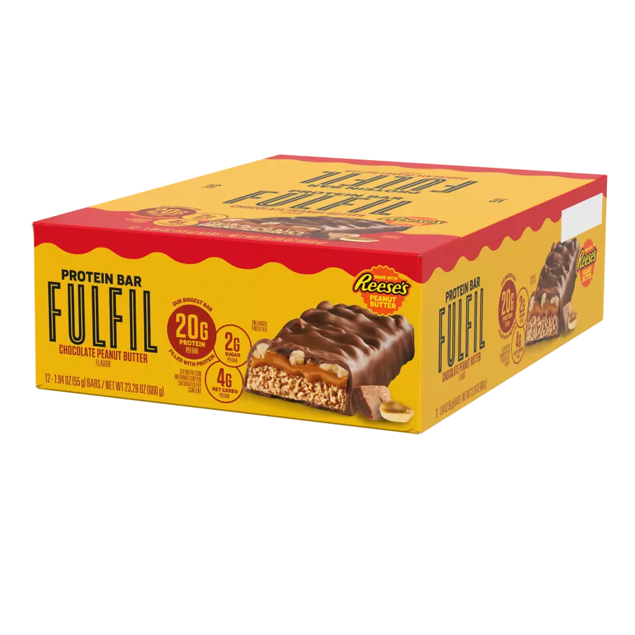 FULFIL Chocolate Peanut Butter with REESE'S Flavor Protein Bars, 1.94 oz, 12 count box - Right Side of Package