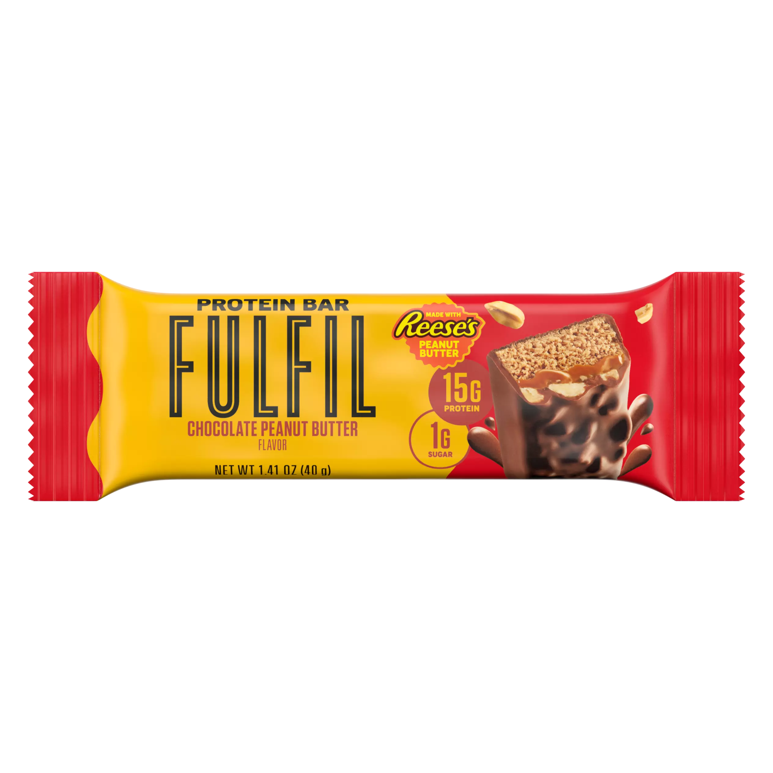 FULFIL Chocolate Peanut Butter with REESE'S Flavor Protein Bar, 1.41 oz - Front of Package