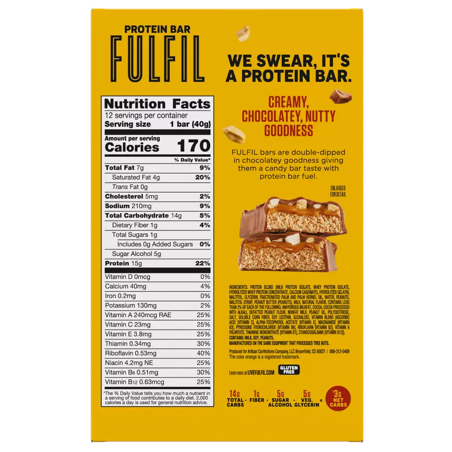 FULFIL Chocolate Peanut Butter with REESE'S Flavor Protein Bars, 1.41 oz, 12 count box - Back of Package