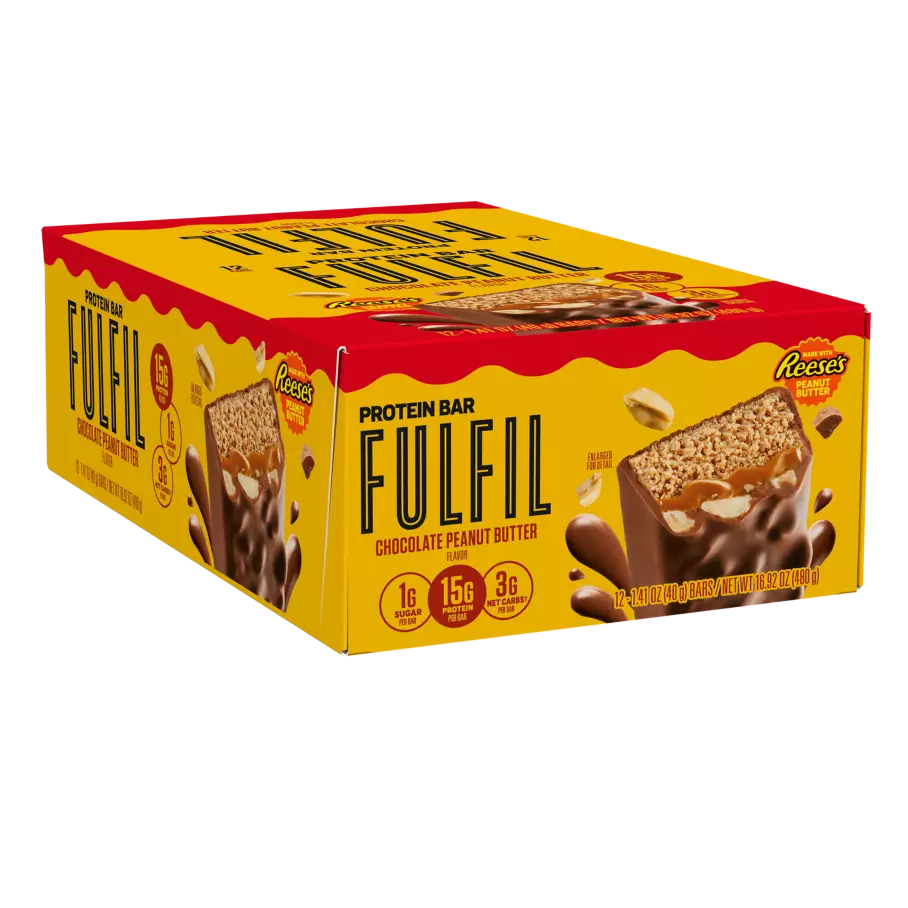 FULFIL Chocolate Peanut Butter with REESE'S Flavor Protein Bars, 1.41 oz, 12 count box - Left Side of Package