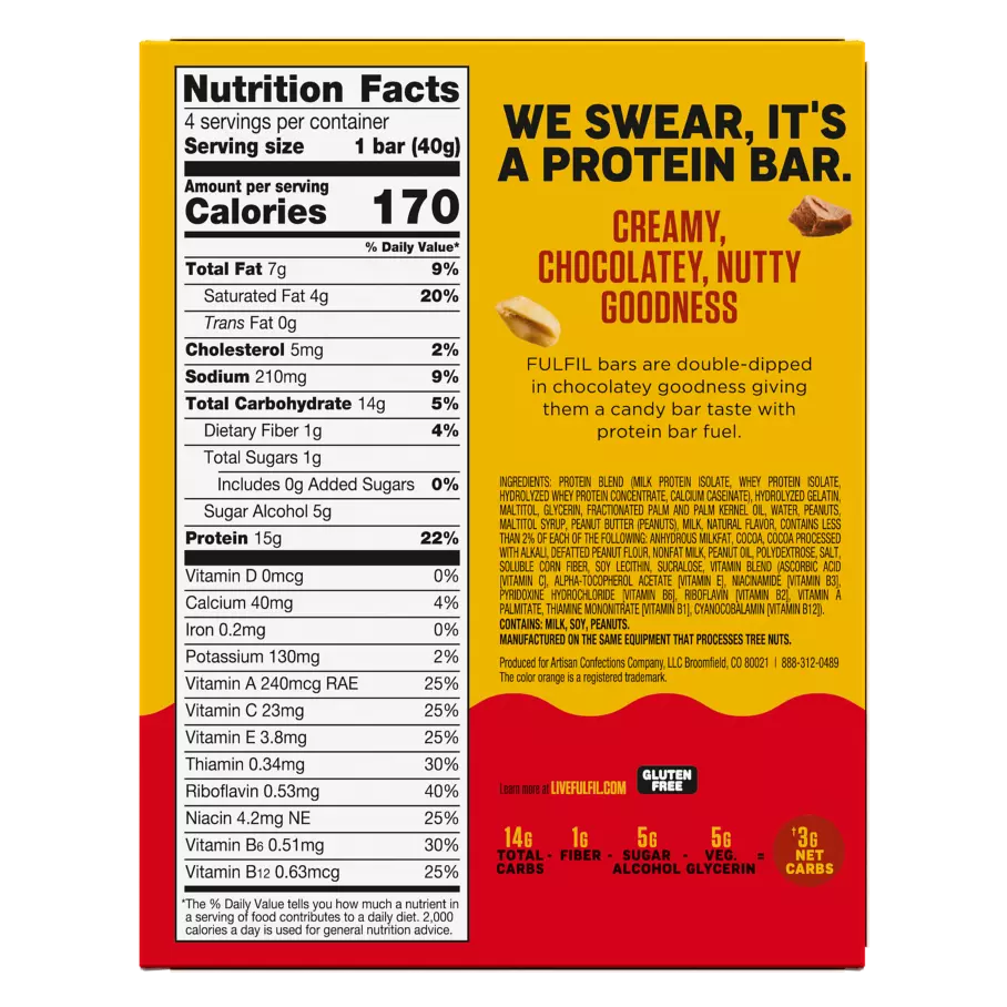 FULFIL Chocolate Peanut Butter with REESE'S Flavor Protein Bars, 1.41 oz, 4 count box - Back of Package
