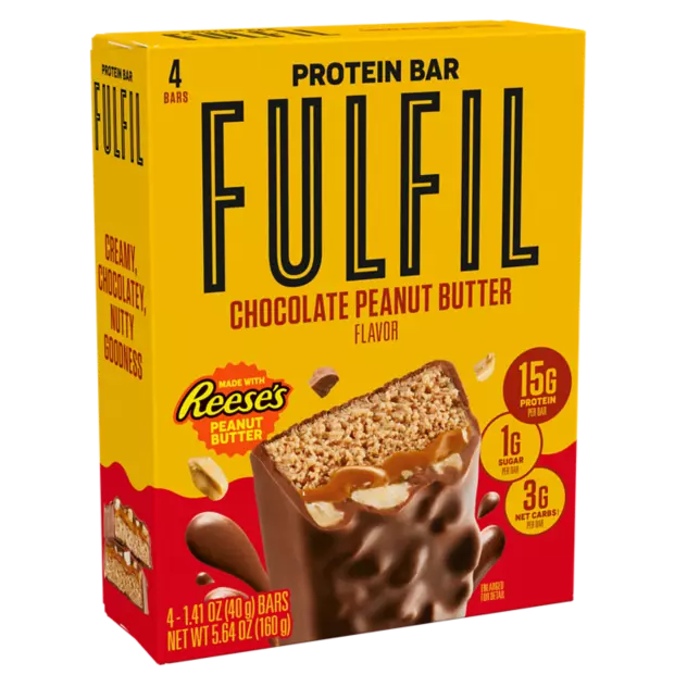 FULFIL Chocolate Peanut Butter with REESE'S Flavor Protein Bars, 1.41 oz, 4 count box - Left Side of Package