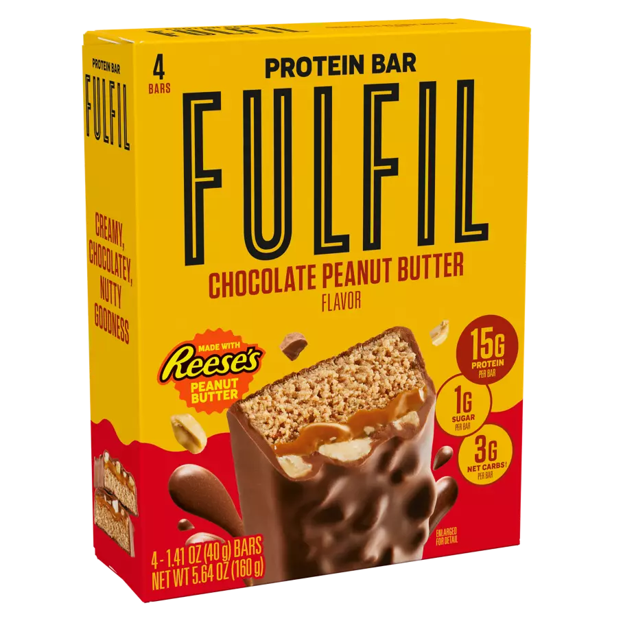 FULFIL Chocolate Peanut Butter with REESE'S Flavor Protein Bars, 1.41 oz, 4 count box - Left Side of Package