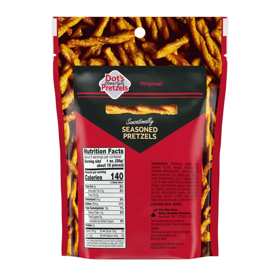 DOT'S HOMESTYLE PRETZELS Original Seasoned Pretzel Twists, 5 oz bag - Back of Package