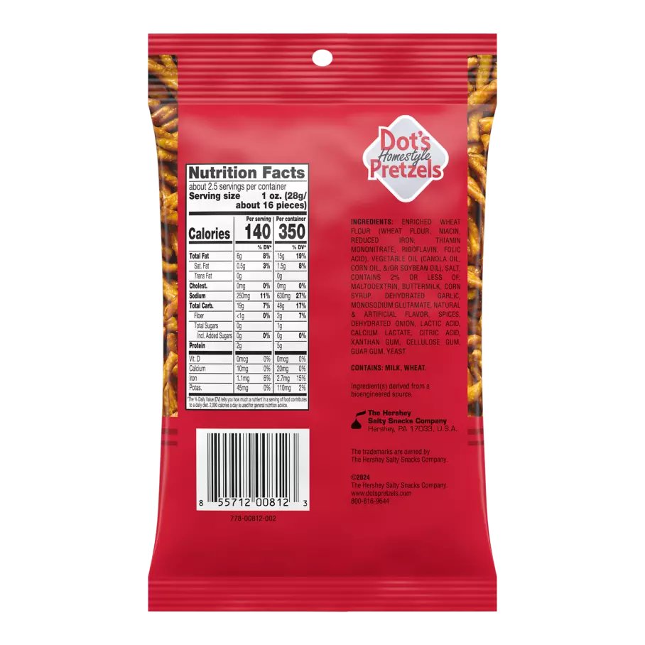 DOT'S HOMESTYLE PRETZELS Original Seasoned Pretzel Twists, 2.5 oz bag - Back of Package