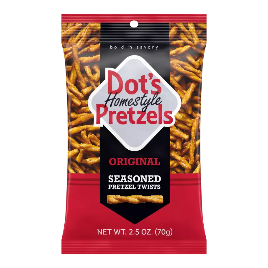 DOT'S HOMESTYLE PRETZELS Original Seasoned Pretzel Twists, 2.5 oz bag - Front of Package