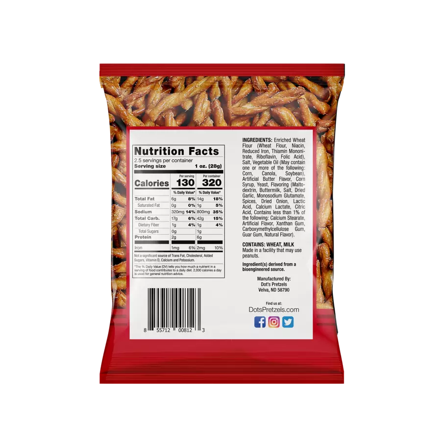 DOT'S HOMESTYLE PRETZELS Original Seasoned Pretzel Twists, 2.5 oz bag - Back of Package