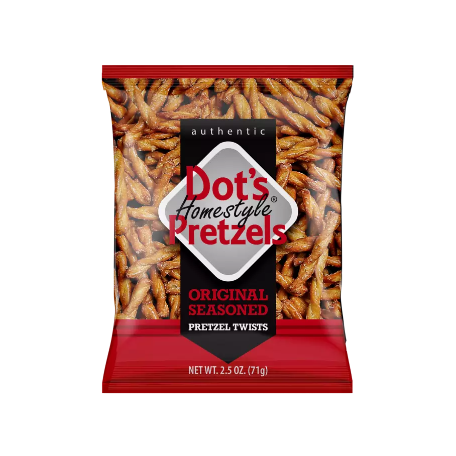 DOT'S HOMESTYLE PRETZELS Original Seasoned Pretzel Twists, 2.5 oz bag - Front of Package
