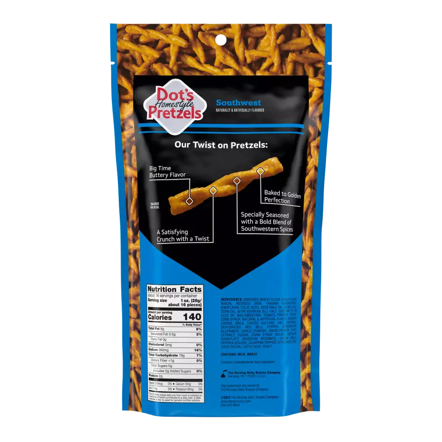 DOT'S HOMESTYLE PRETZELS Southwest Seasoned Pretzel Twists, 16 oz bag - Back of Package