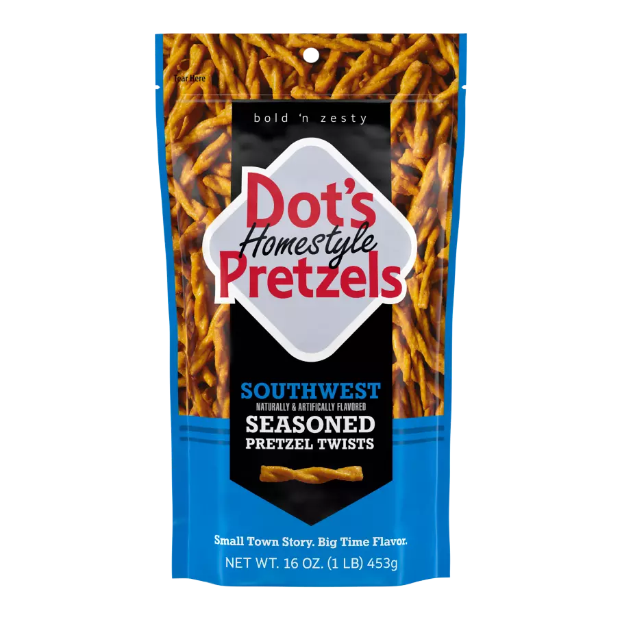 DOT'S HOMESTYLE PRETZELS Southwest Seasoned Pretzel Twists, 16 oz bag - Front of Package