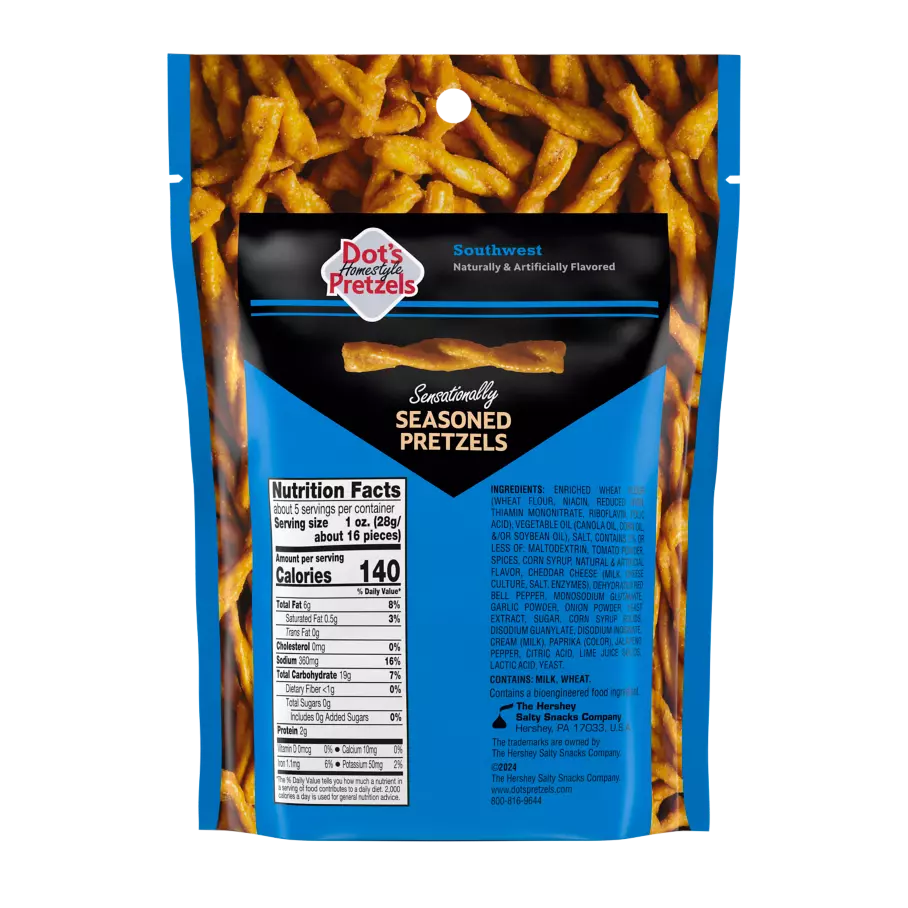 DOT'S HOMESTYLE PRETZELS Southwest Seasoned Pretzel Twists, 5 oz bag - Back of Package