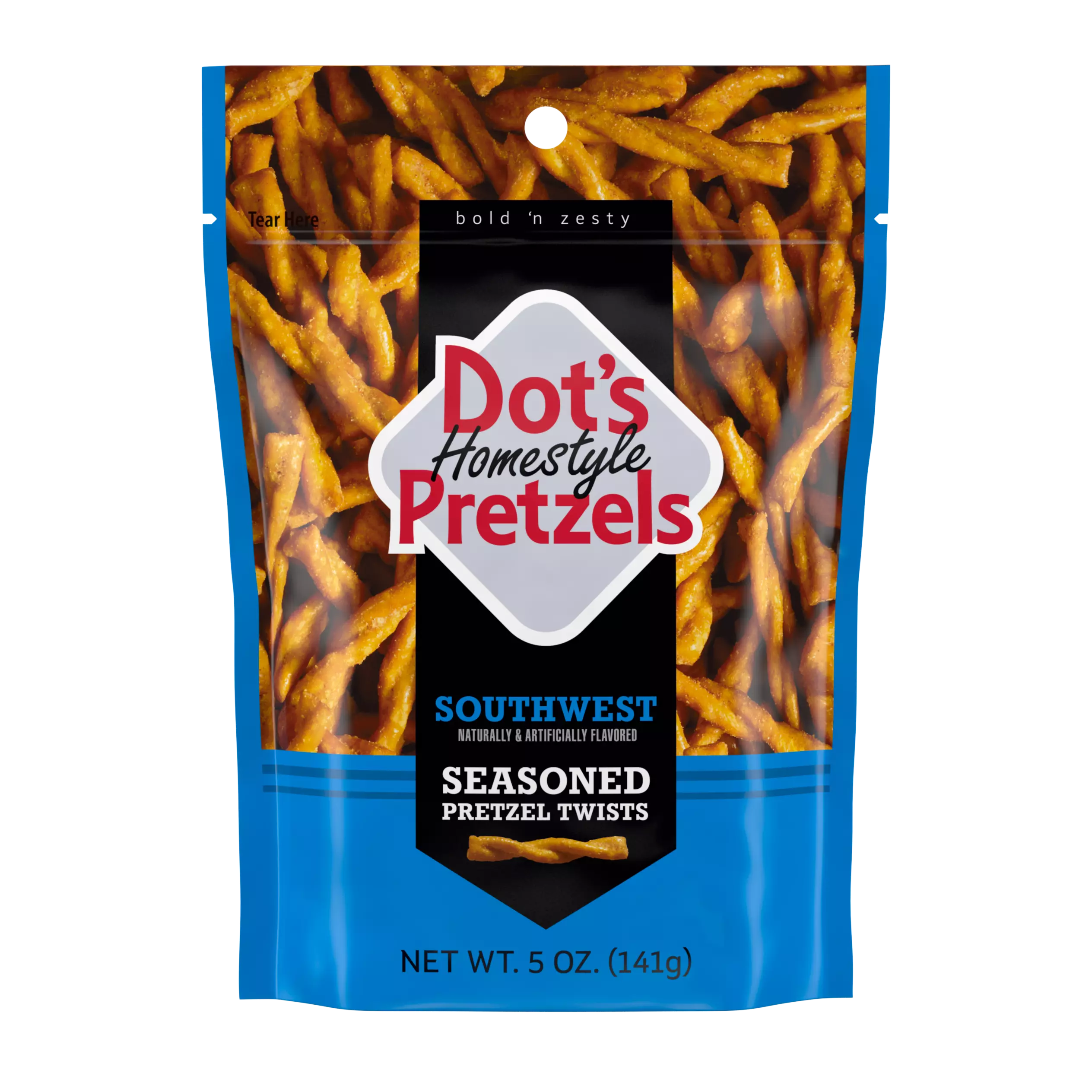 DOT'S HOMESTYLE PRETZELS Southwest Seasoned Pretzel Twists, 5 oz bag - Front of Package
