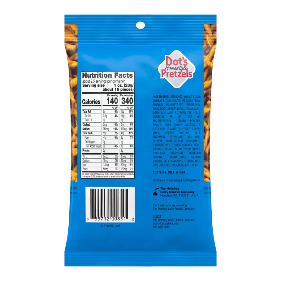 DOT'S HOMESTYLE PRETZELS Southwest Seasoned Pretzel Twists, 2.5 oz bag - Back of Package