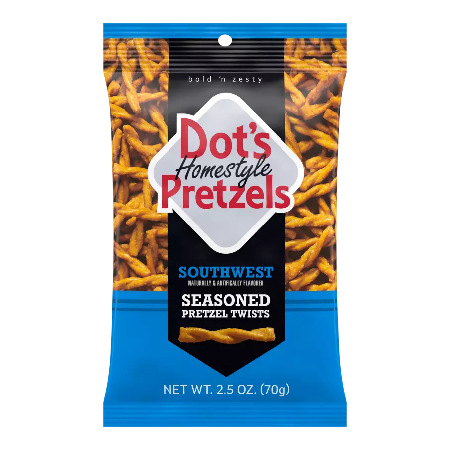 DOT'S HOMESTYLE PRETZELS Southwest Seasoned Pretzel Twists, 2.5 oz bag - Front of Package